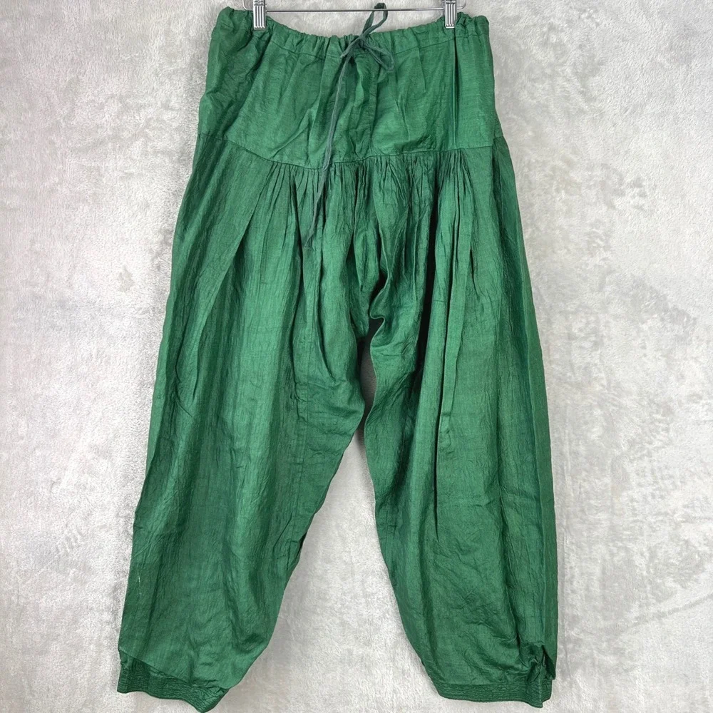 Vintage Textured Harem MC Hammer Pants Green Boho Baggy Trousers one size